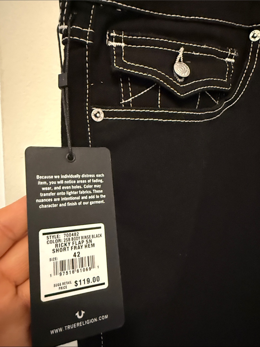 True Religion Black Denim Cutoff Shorts with White Stitching - Picture 3 of 6